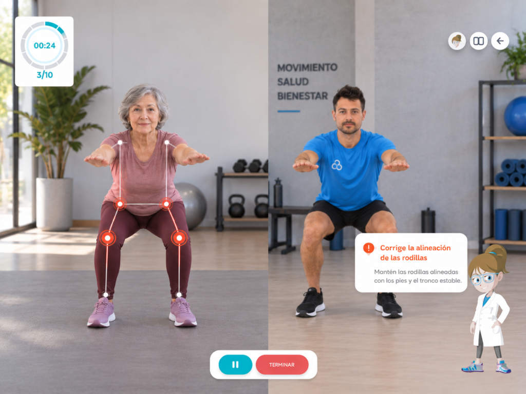 Paciente ejecutando un ejercicio de rehabilitación desde su domicilio con la plataforma ReHub® de Dycare